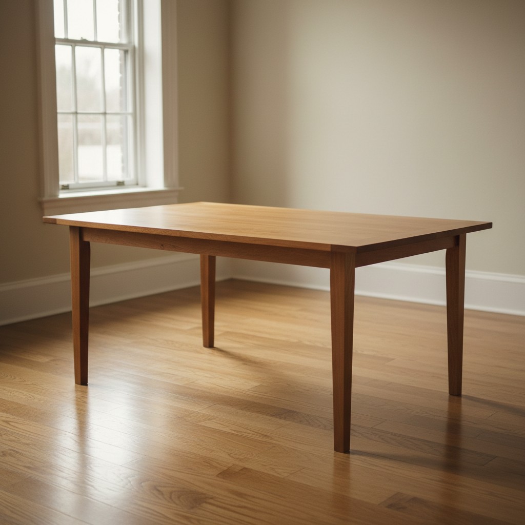 A rectangular wooden table with four legs sits in an empty room, positioned square on to the wall, adjacent to an unadorne...